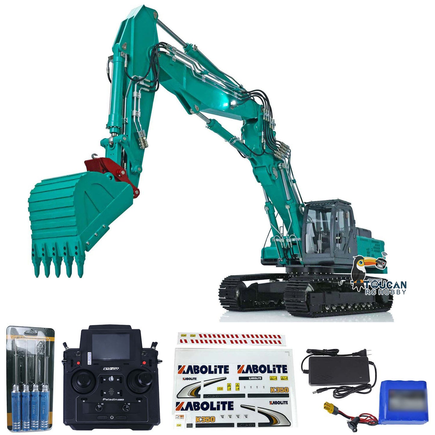 Kabolite 1/14 K350-200 RC Metal Hydraulic Excavator Digger 3-piece Boom Car with Sounds Paladin18EVLite Radio Controller