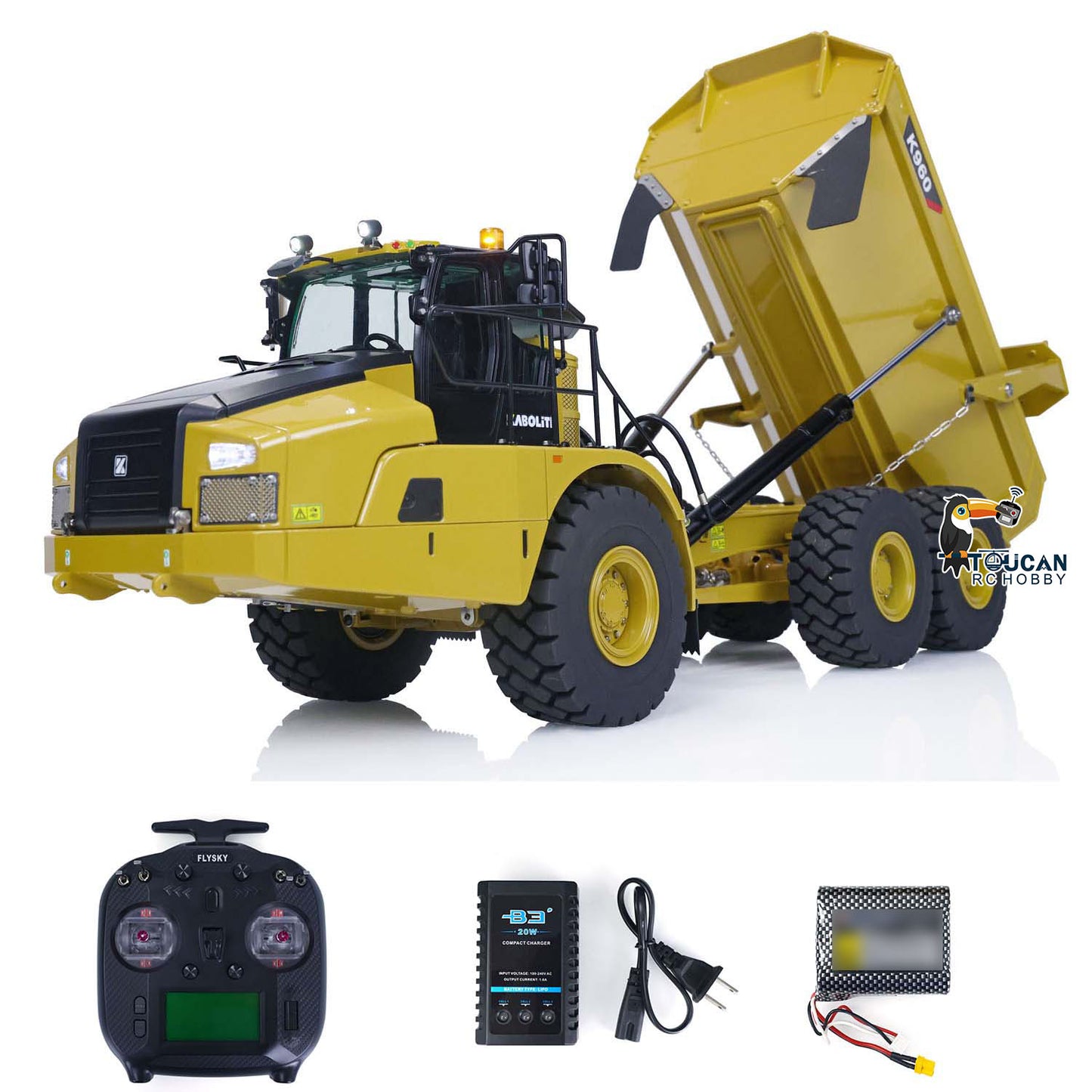 US Warehouse KABOLITE K960 1/20 RC Hydraulic Articulated Truck 6x6 Remote Control Dumper Cars Lights System ST8 Transmitter Battery